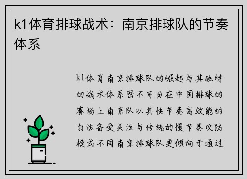 k1体育排球战术：南京排球队的节奏体系