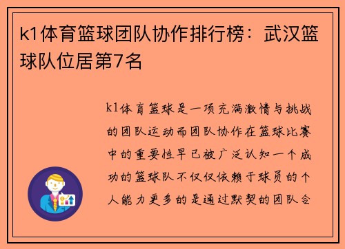 k1体育篮球团队协作排行榜：武汉篮球队位居第7名