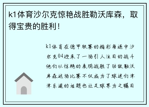 k1体育沙尔克惊艳战胜勒沃库森，取得宝贵的胜利！